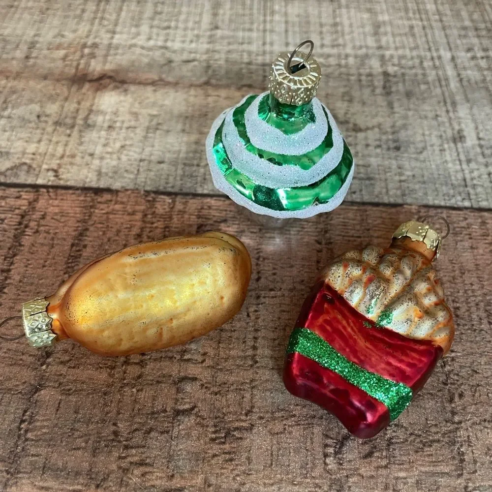 Set Of 3 Mini Blown Glass Food Christmas Ornaments: Hot Dog Cupcake French Fries